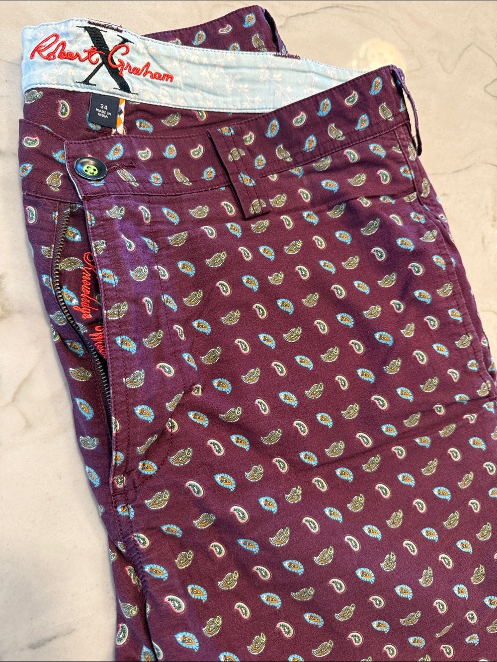 Robert Graham Men's Plum Paisley Cotton Blend Casual Shorts